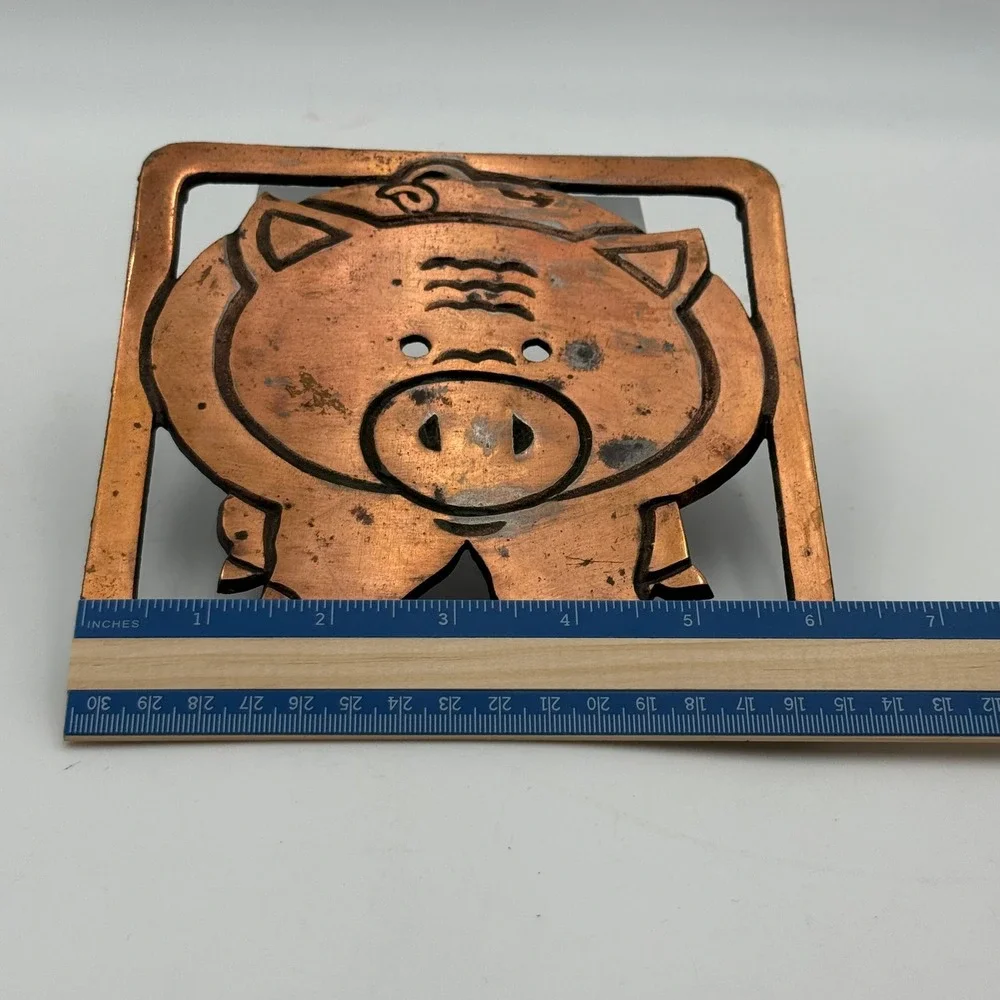 Vintage Pig Face Copper Metal Trivet Wall Hanging Farmhouse Kitchen Decor 5.5in